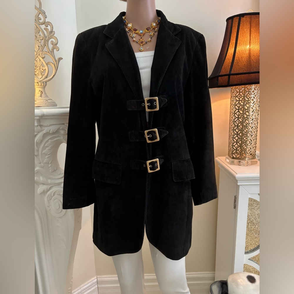 Danier Women's Suede Leather Black Blazer with Triple Buckle Detail - Picture 2 of 13